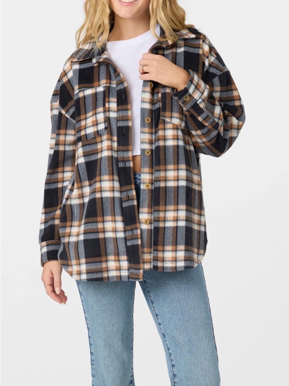O’Neill Rune Superfleece Oversized Fit Shacket Jacket Women Medium Sierra Plaid